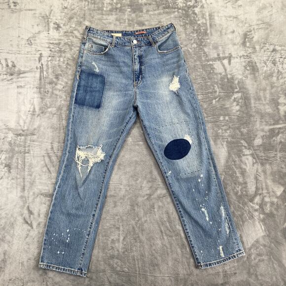 Pilcro The Borrowed Patched Distressed Straight Jeans Women's 28 Blue - Picture 1 of 9